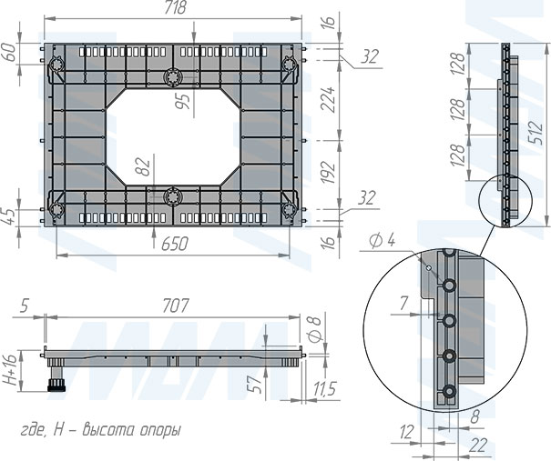 Размеры вентиляционной базы под холодильник для ширины фасада 750 мм и толщины корпуса 16 мм (артикул 31.A21E.C103)