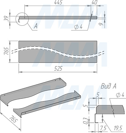 Размеры алюминиевого поддона для кухонной базы 800 мм под раковину (артикул 40B.9871.80)