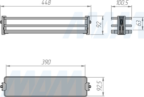 Размеры корзины GALAXY для крепления к выдвижной раме (колонне), фасад 150 мм (артикул CC15ASOM10ASVGF)