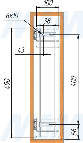 Схема установки двухуровневой корзины (бутылочницы) PULSE для фасада 150 мм с универсальным боковым креплением (артикул ДКУ150МС)