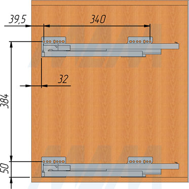 Установка (присадочные размеры) двухуровневой корзины LAMINA для фасада шириной 150 мм (бутылочницы) с боковым креплением слева (артикул ELQGM152SXLGMSL), схема 1