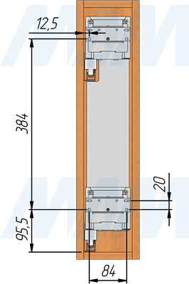 Установка (присадочные размеры) двухуровневой корзины LAMINA для фасада шириной 150 мм (бутылочницы) с боковым креплением слева (артикул ELQGM152SXLGMSL), схема 2