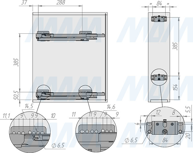 Установка двухуровневой корзины GALAXY  с боковым креплением для фасада шириной 150 мм (артикул ELQGM152SXPRPOMASVGF), схема 1