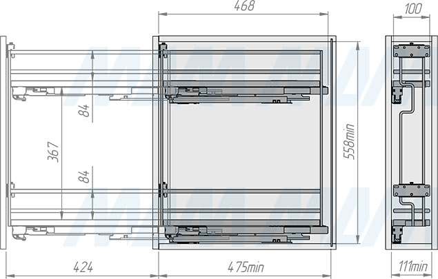 Установка двухуровневой корзины GALAXY  с боковым креплением для фасада шириной 150 мм (артикул ELQGMSL152SXPRPOMBAS), схема 2