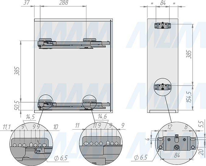Установка двухуровневой корзины GALAXY  с боковым креплением для фасада шириной 200 мм (артикул ELQGM202SXPRPOMASVGF), схема 1