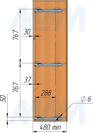 Установка выдвижной колонны ROUND (бутылочницы) для фасада 150 мм, 5 уровней, с боковым левым креплением (артикул ELQGMSG155SXPRPCNP), схема 2