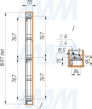 Установка выдвижной колонны ROUND (бутылочницы) для фасада 150 мм, 5 уровней, с боковым левым креплением (артикул ELQGMSG155SXPRPCNP), схема 3