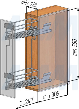 Установка двухуровневой корзины ROUND (бутылочницы) для верхнего яруса кухни, ширина фасада 150 мм (артикул EPQGMSL152DXC и EPQGM152SXSCGM), схема 1