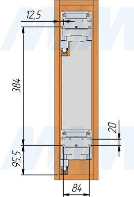 Установка (присадочные размеры) двухуровневой корзины LAMINA в верхний ярус для фасада шириной 150 мм (бутылочницы) с боковым креплением слева (артикул EPQGM152SXLGM), схема 2