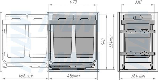 Установка системы KOMBI 2.0 M40W для фасадов шириной от 400 мм с 2 ведрами для сортировки и хранения (артикул KOMBI2GME402SCGM), схема 2