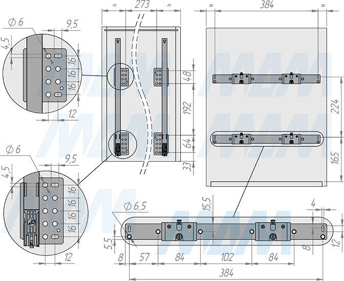 Установка системы KOMBI 2.0 M45W для фасадов шириной от 450 мм с 2 ведрами для сортировки и хранения (артикул KOMBI2GME452SCGM), схема 1