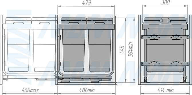 Установка системы KOMBI 2.0 M45W для фасадов шириной от 450 мм с 2 ведрами для сортировки и хранения (артикул KOMBI2GME452SCGM), схема 2