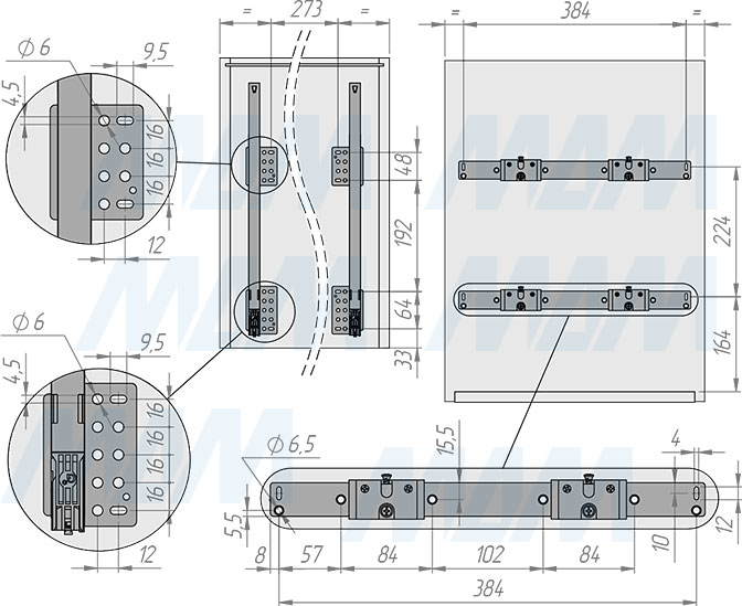 Установка системы KOMBI 2.0 M45W для фасадов шириной от 450 мм с 3 ведрами для сортировки и хранения (артикул KOMBI2GME453SCGM), схема 1