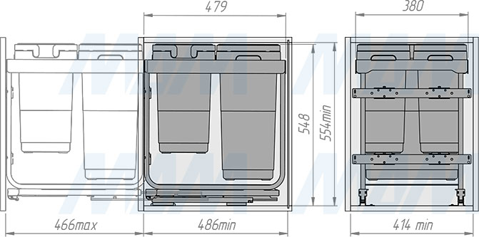 Установка системы KOMBI 2.0 M45W для фасадов шириной от 450 мм с 3 ведрами для сортировки и хранения (артикул KOMBI2GME453SCGM), схема 2