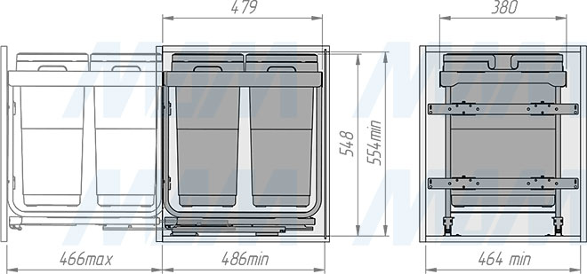 Установка системы KOMBI 2.0 M50W для фасадов шириной от 500 мм с 2 ведрами для сортировки и хранения (артикул KOMBI2GME502SCGM), схема 2