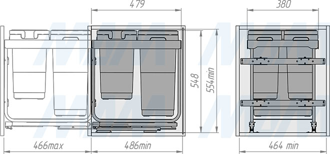 Установка системы KOMBI 2.0 M50W для фасадов шириной от 500 мм с 3 ведрами для сортировки и хранения (артикул KOMBI2GME503SCGM), схема 2