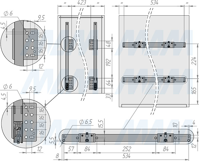 Установка системы KOMBI 2.0 M60W для фасадов шириной от 600 мм с 4 ведрами для сортировки и хранения (артикул KOMBI2GME604SCGM), схема 1
