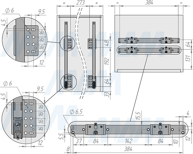 Установка системы KOMBI MINI M45W для фасадов шириной от 450 мм с 2 ведрами для сортировки и хранения (артикул MKOMBI2GME452SCGM), схема 1