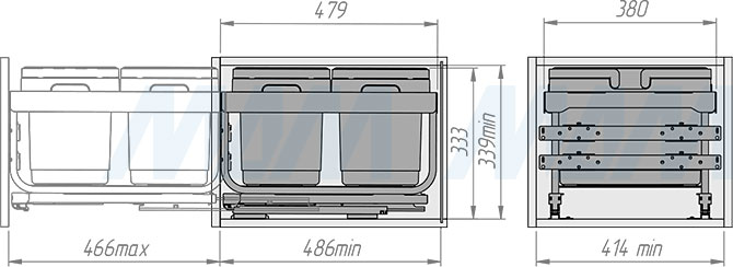 Установка системы KOMBI MINI M45W для фасадов шириной от 450 мм с 2 ведрами для сортировки и хранения (артикул MKOMBI2GME452SCGM), схема 2