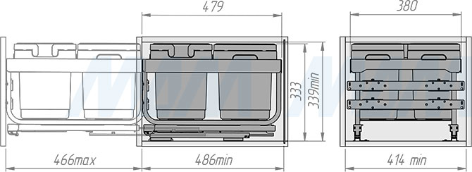 Установка системы KOMBI MINI M45W для фасадов шириной от 450 мм с 3 ведрами для сортировки и хранения (артикул MKOMBI2GME453SCGM), схема 2