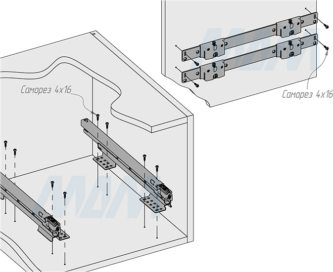 Установка системы KOMBI MINI M45W для фасадов шириной от 450 мм с 3 ведрами для сортировки и хранения (артикул MKOMBI2GME453SCGM), схема 3