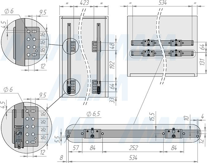 Установка системы KOMBI MINI M60W для фасадов шириной от 600 мм с 2 ведрами для сортировки и хранения (артикул MKOMBI2GME602SCGM), схема 1