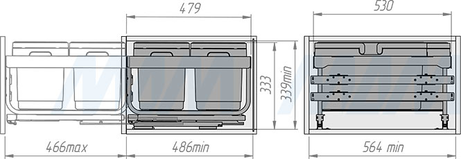 Установка системы KOMBI MINI M60W для фасадов шириной от 600 мм с 2 ведрами для сортировки и хранения (артикул MKOMBI2GME602SCGM), схема 2