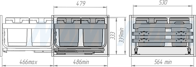 Установка системы KOMBI MINI M60W для фасадов шириной от 600 мм с 4 ведрами для сортировки и хранения (артикул MKOMBI2GME604SCGM), схема 2