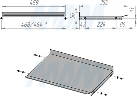 Размеры полки-разделителя для системы сортировки мусора BLOCK для корпусов с шириной фасада 500 мм (артикул PBR C3550)