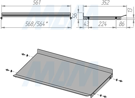 Размеры полки-разделителя для системы сортировки мусора BLOCK для корпусов с шириной фасада 600 мм (артикул PBR C3560)
