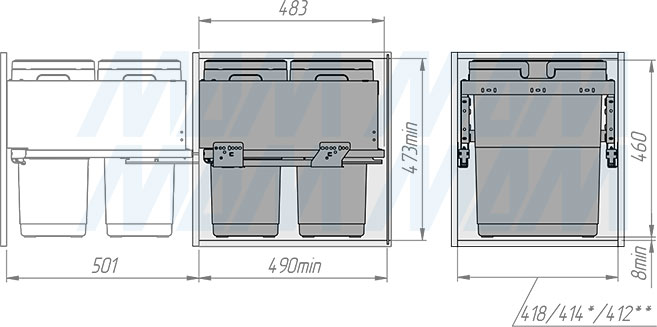 Установка системы GLOBE 2.0 M45W для фасадов шириной 500 мм с 2 ведрами для сортировки и хранения (артикул PG2GME452SCGM), схема 2