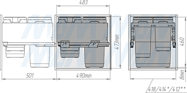 Установка системы GLOBE 2.0 M45W для фасадов шириной 500 мм с 3 ведрами для сортировки и хранения (артикул PG2GME453SCGM), схема 2