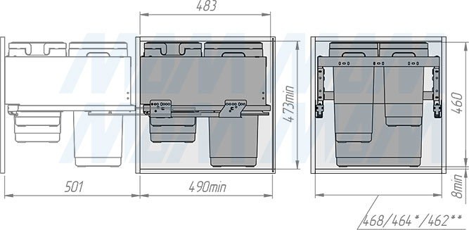 Установка системы GLOBE 2.0 M50W для фасадов шириной 500 мм с 3 ведрами для сортировки и хранения (артикул PG2GME503SCGM), схема 2