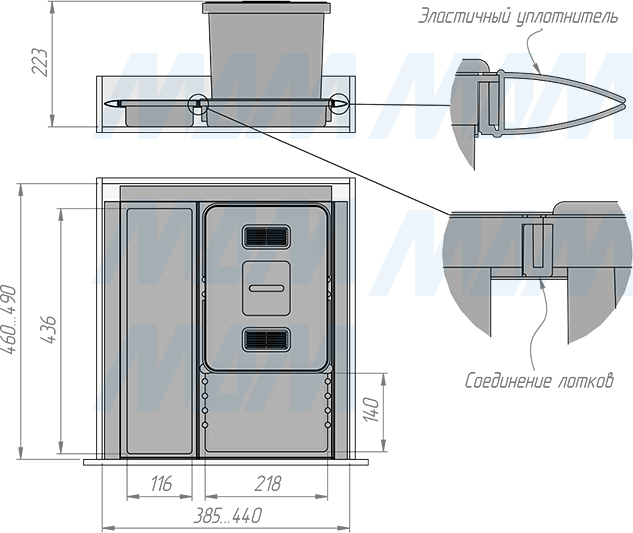 Размеры системы METROPOLIS для сбора, сортировки и утилизации мусора с 1 ведром 12 л  для мебельного ящика шириной 500 мм (артикул PTC22050507FC97)