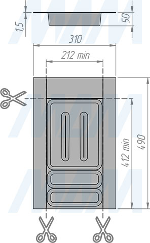 Размеры кухонного лотка UPPO для столовых приборов для мебельного ящика  с фасадом 300 мм (артикул R130SC9710)