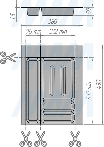 Размеры кухонного лотка UPPO для столовых приборов для мебельного ящика  с фасадом 400 мм (артикул R140SC9720)