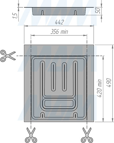 Размеры кухонного лотка UPPO для столовых приборов для мебельного ящика  с фасадом 450 мм (артикул R145SC9730)