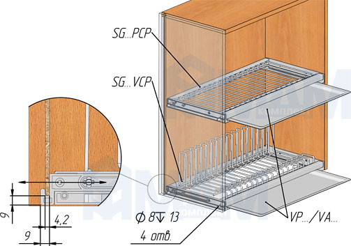 GALAXY Посудосушитель для тарелок с гладкой рамкой и держателем задней стенки (артикул SG...VCP) и посудосушитель для чашек с гладкой рамкой (артикул SG...PCP), схема установки