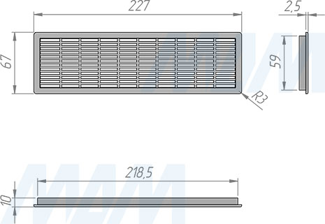 Размеры универсальной вентиляционной пластиковой решетки, 227х68 мм (артикул VG-2020)