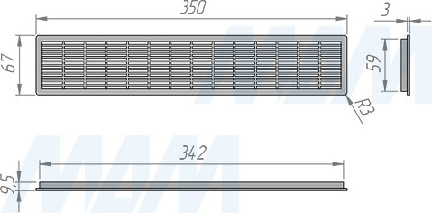 Размеры универсальной вентиляционной пластиковой решетки, 350х68 мм (артикул VG-2030)