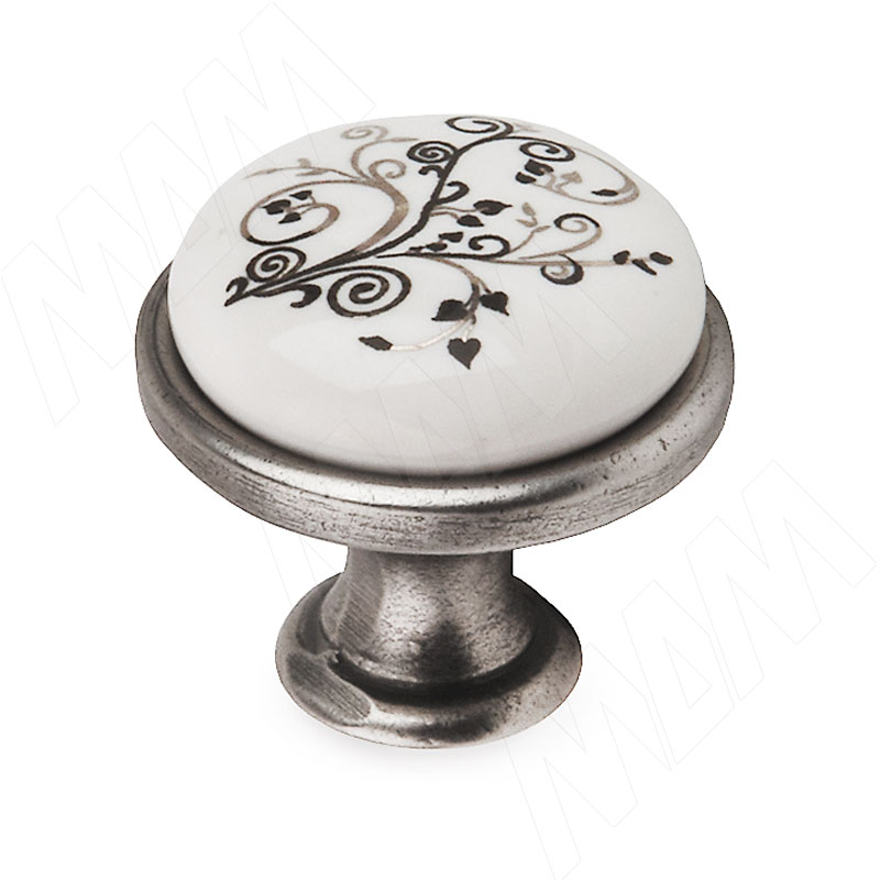 Ручка-кнопка D28мм серебро состаренное/керамика серебряные узоры фото товара 1 - GP19-12GA/WHT