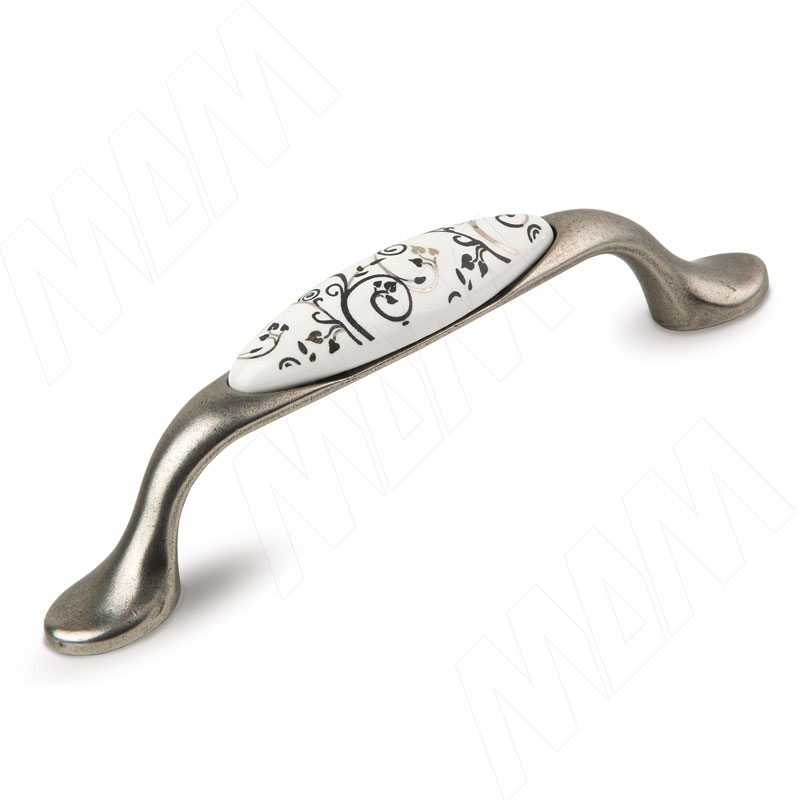 Ручка-скоба 96мм серебро состаренное/керамика серебряные узоры (UP19-12GA/WHT)