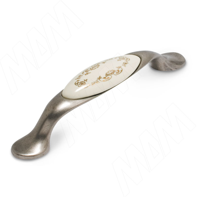 Ручка-скоба 96мм серебро состаренное/керамика золотые узоры (UP193GA/MLK)