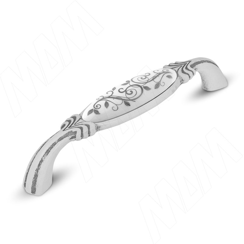Ручка-скоба 128мм белый/серебро винтаж керамика серебряные узоры (WMN.78.00.M2.128.V4)