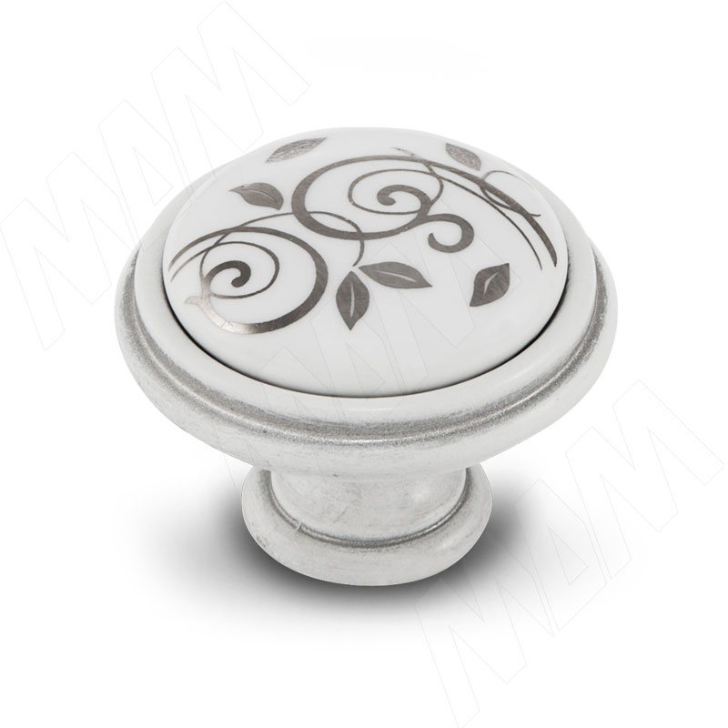 Ручка-кнопка D35мм белый/серебро винтаж керамика серебряные узоры (WPO.77.00.M2.000.V4)