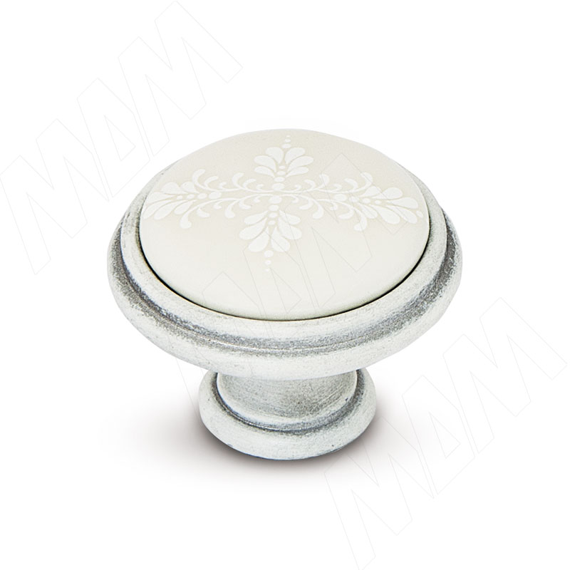 Ручка-кнопка D35мм белый/серебро винтаж, керамика белые узоры (WPO.781.000.00V4)