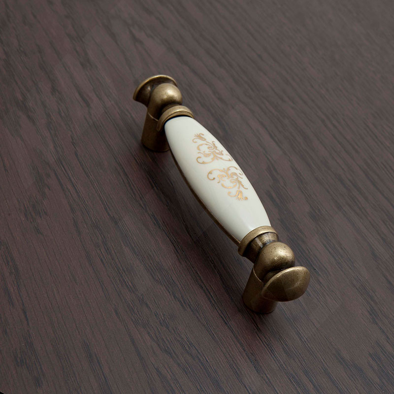 Ручка-скоба 96мм бронза состаренная/керамика золотые узоры фото товара 2 - WMN.09.01.B4.096.D1