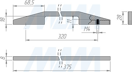 Размеры ручки-скобы с межцентровым расстоянием 320 мм (артикул 1234.320)