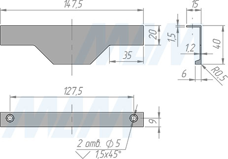 Размеры профиль-ручки с креплением на саморезы для фасада шириной 150 мм (артикул 25.150)