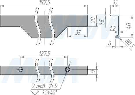 Размеры профиль-ручки с креплением на саморезы для фасада шириной 200 мм (артикул 25.200)